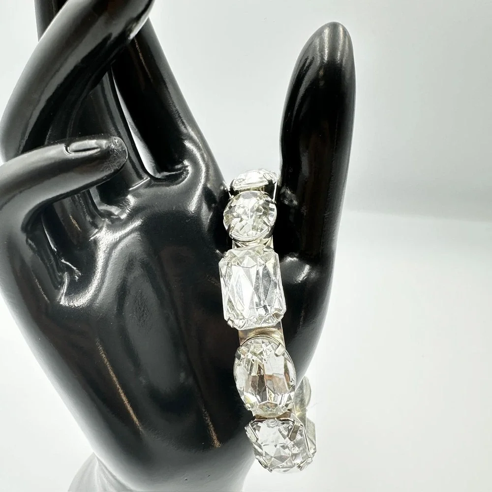 Vintage Silver Tone Large‎ Rhinestone Stretch Bracelet Chunky Multi Shape Retro